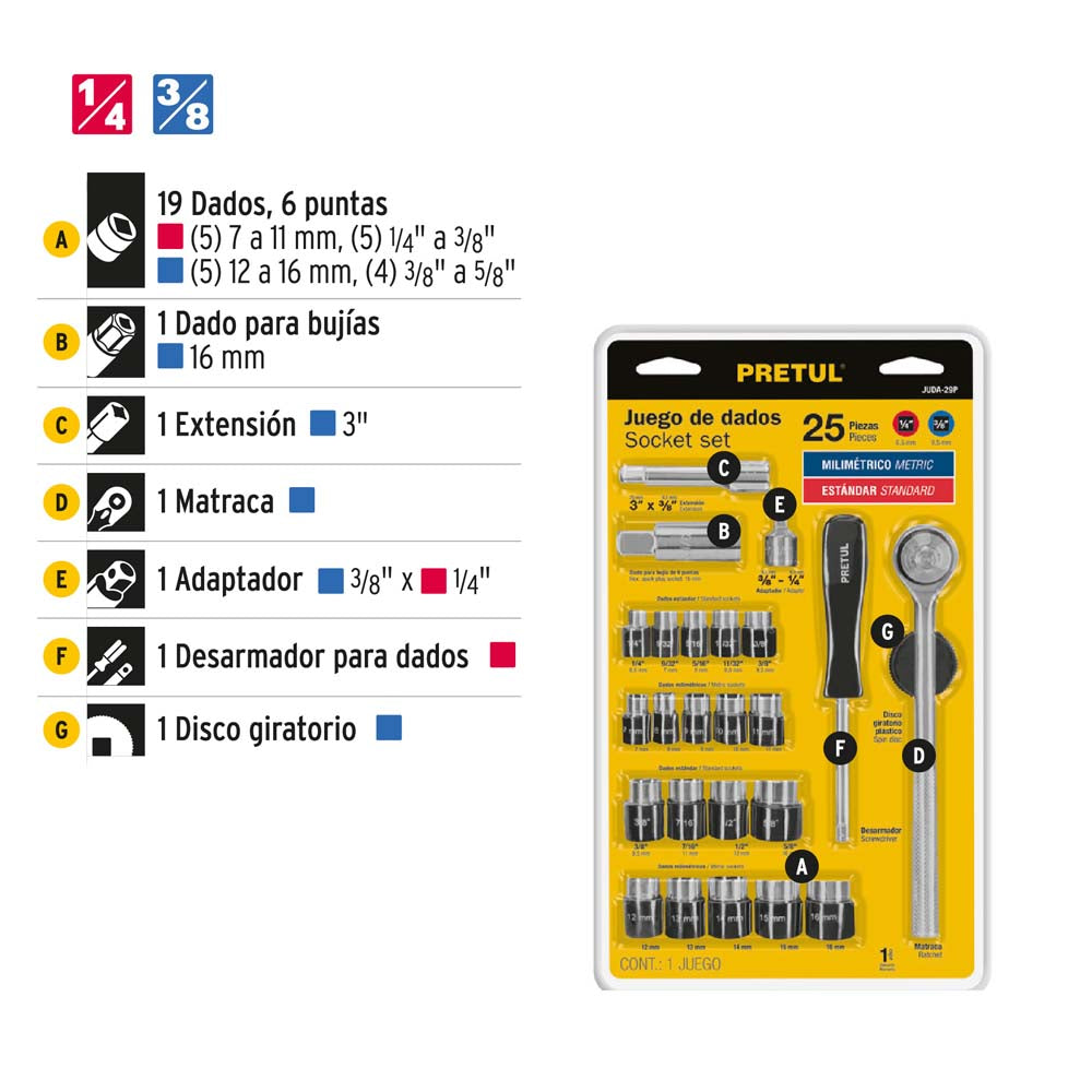 JGO. DADOS CUADRO 1/4" Y 3/8" 25PZS. PRETUL