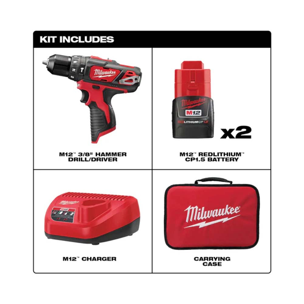 KIT TALADRO PERCUTOR / DESTORNILLADOR 3/8" M12: 2 BATERIAS 12V. 1.5AMP M12 CARGADOR DE BATERIA M12 GANCHO PARA CINTURON BOLSO PARA CONTRATISTA MILWAUKEE