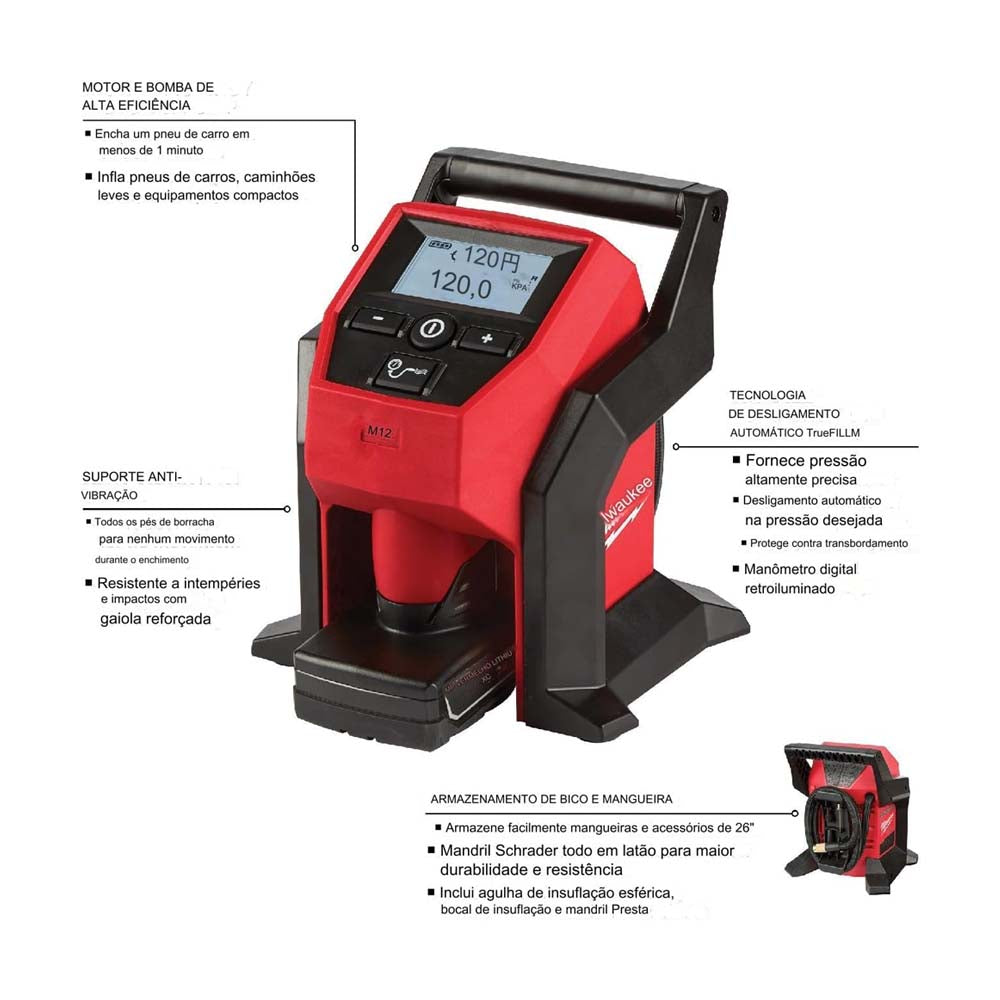 INFLADOR COMPACTO PARA NEUMATICOS M12 4 PIEZAS 1 AGUJA DE INFLADO DE PELOTA 1 PORTABROCAS PRESTA 1 MANDRIL SCHRADER 1 BOQUILLA INFALDORA (NO INCLUYE BATERIA SE RECOMIENDA 48112402) MILWAUKEE