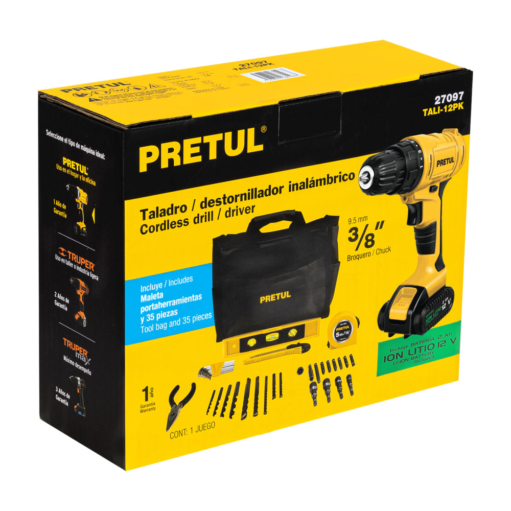 TALADRO INHALAMBRICO 3/8 12V Y KIT CON 35 ACCESORIOS PRETUL ***HAE2025***