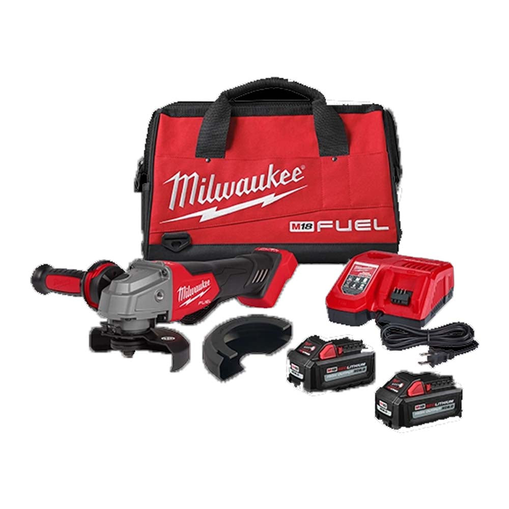 KIT ESMERILADORA ANGULAR 4-1/2"/5" M18 FUEL: 2 BATERIAS 18V. 6AMP M18 CARGADOR DE BATERIA RAPIDO MULTIPLE M12 Y M18 PROTECCION T27 PROTECCION T1 MANGO LATERAL LLAVE TUERCA CON REDOBLE MILWAUKEE