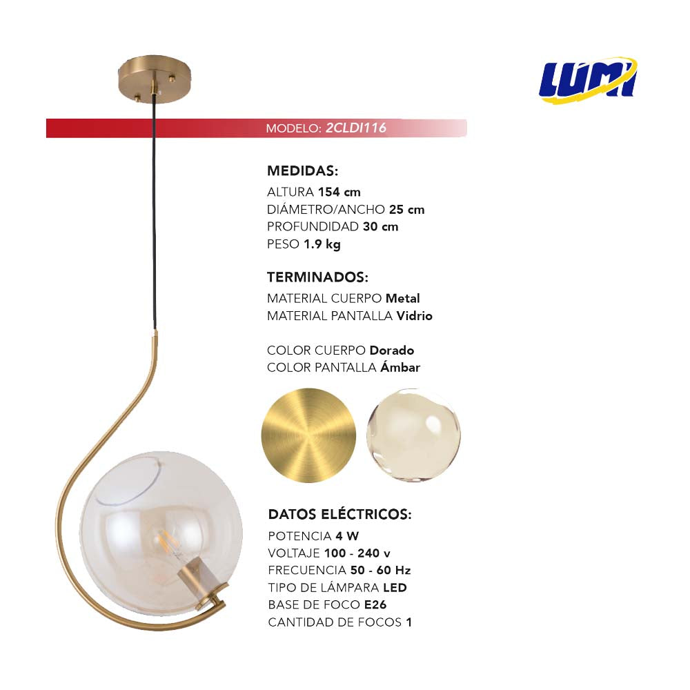COLGANTE METAL-VIDRIO DORADO/AMBAR E26 CLASS *** HA. LUMI ***