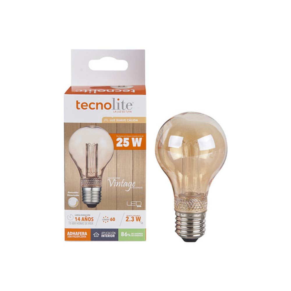 FOCO LED TECNOLITE ADHAFERA TIPO VINTAGE 2.3W LUZ SUAVE CÁLIDA BASE E27 ATENUABLE FILAMENTO VERTICAL