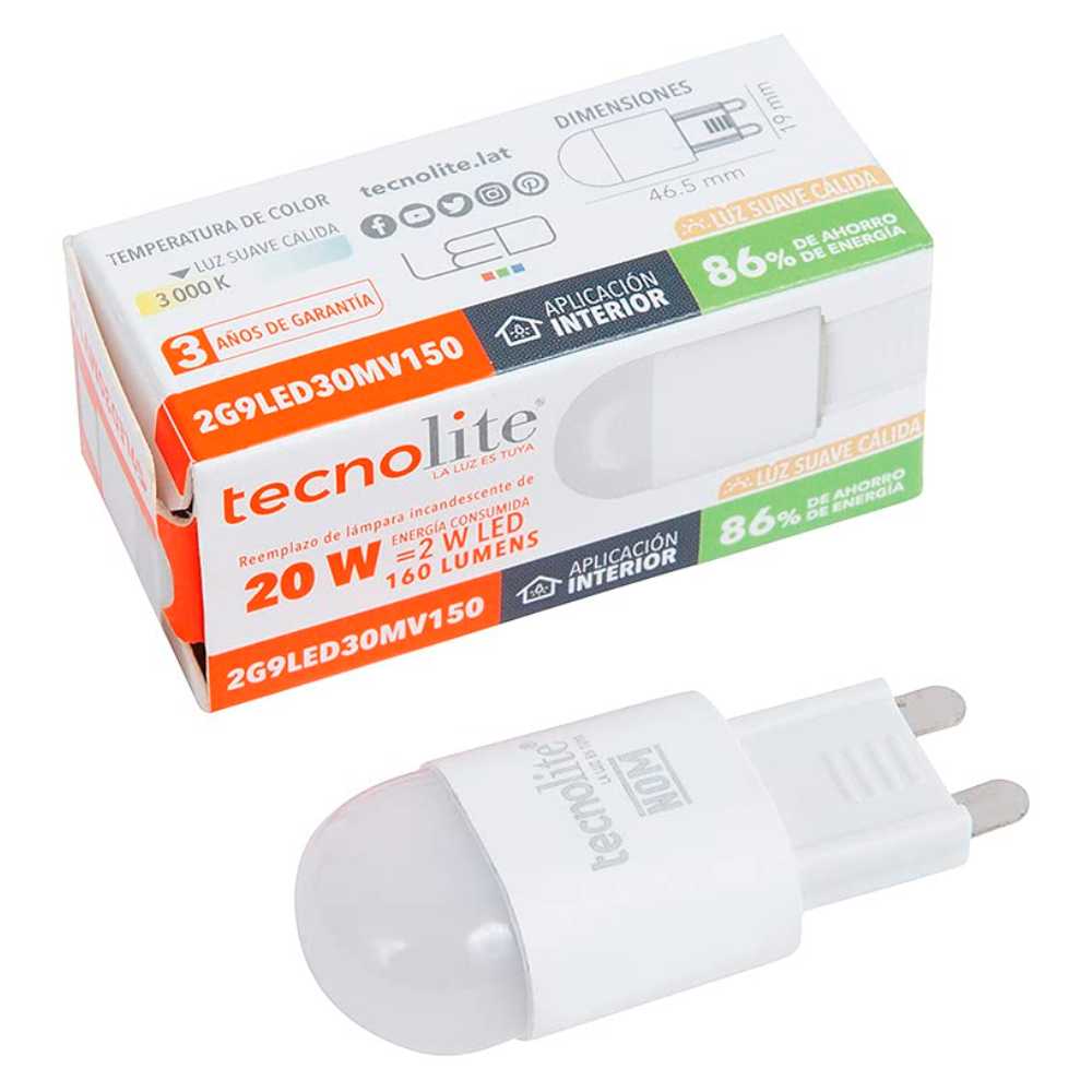 FOCO LED TECNOLITE ERIDANI II AMPOLLETA 2W LUZ SUAVE CÁLIDA BASE G9 NO ATENUABLE