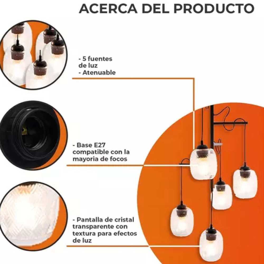 COLGANTE DE CRISTAL FULU III TECNOLITE 1.50 METROS DE ALTURA POTENCIA MÁXIMA 300W 5 BASES E27 NO INCLUYE FOCO