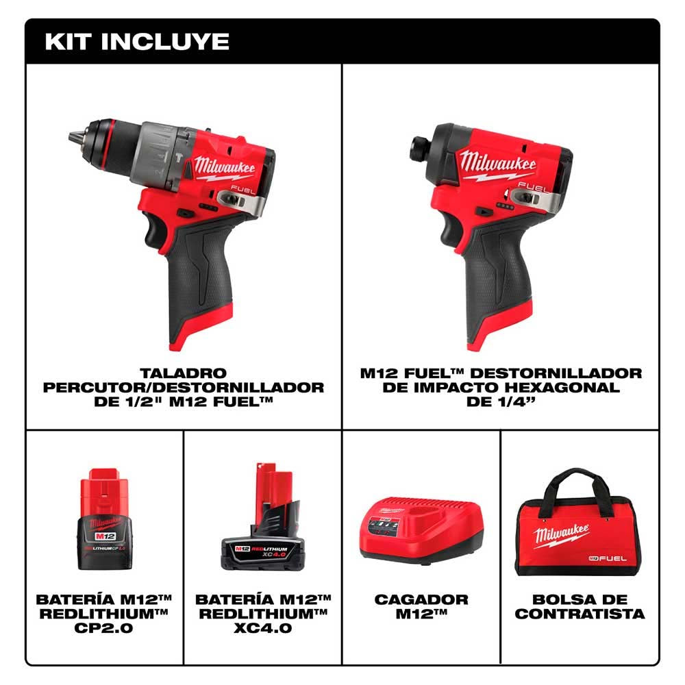 KIT COMBINADO 2 HERRAMIENTAS M12 FUEL: TALADRO DESTORNILLADOR PERCUTOR 1/2" DESTONILLADOR DE IMPACTO HEXAGONAL 1/4" BATERIA 12V. 2AMP M12 BATERIA 12V. XC 4AMP M12 CARGADOR DE BATERIA M12 MILWAUKEE
