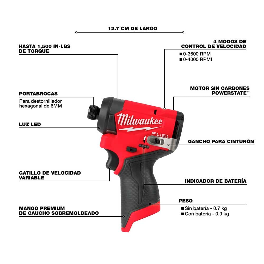 KIT COMBINADO 2 HERRAMIENTAS M12 FUEL: TALADRO DESTORNILLADOR PERCUTOR 1/2" DESTONILLADOR DE IMPACTO HEXAGONAL 1/4" BATERIA 12V. 2AMP M12 BATERIA 12V. XC 4AMP M12 CARGADOR DE BATERIA M12 MILWAUKEE