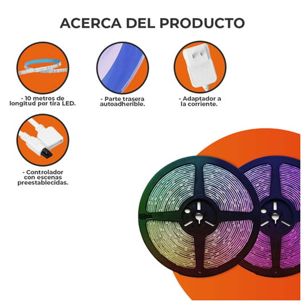 KIT DE 2 TIRAS LED 35W 100-240V 20M RGB 35TIRLEDRGBVCDBT2M HALO RGB TECNOLITE***HAE 2024***