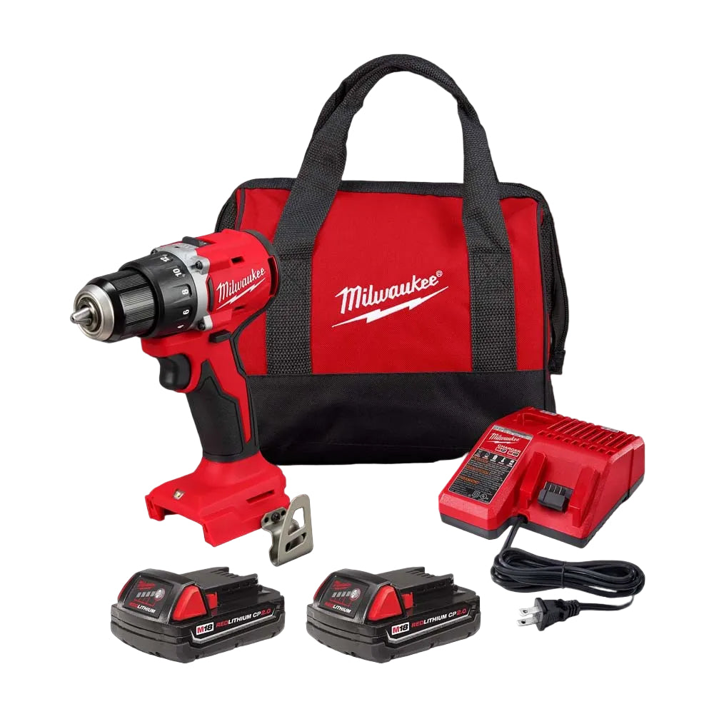 KIT TALADRO / DESTORNILLADOR COMPACTO 1/2" SIN CARBONES FUEL M18: 2 BATERIAS 18V. 2AMP M18 CARGADOR DE BATERIA MULTIPLE M12 Y M18 GANCHO PARA CINTURON ESTUCHE DE TRANSPORTE MILWAUKEE