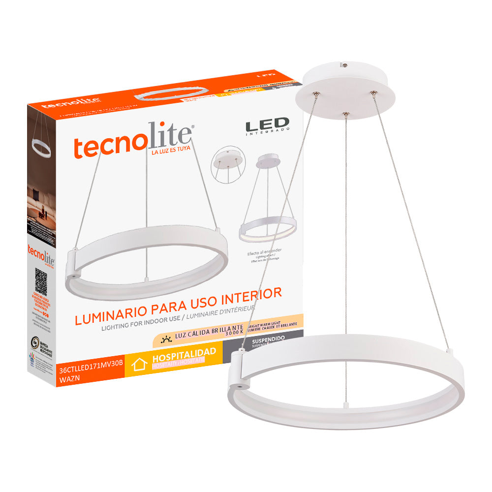 LAMPARA COLGANTE LED CIRCULAR METAL 40.5CM 36W LUZ CALIDA BRILLANTE IRC90 NO ATENUABLE 36CTLLED171MV30B