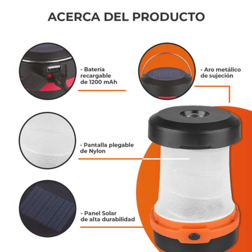 LINTERNA LED SOLAR PARA CAMPING RECARGABLE 3W 6500K PLEGABLE