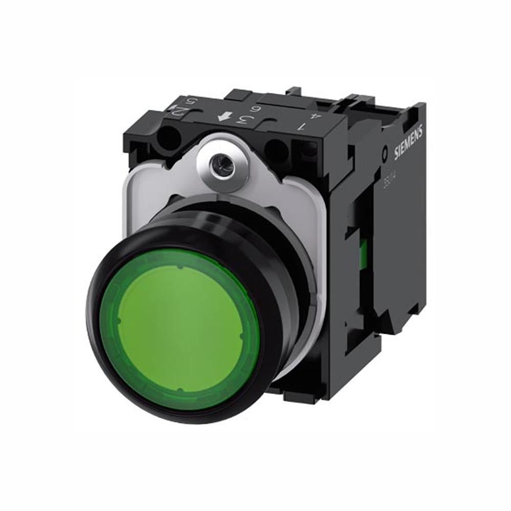 PULSADOR LUMINOSO 22 MM REDONDO PLÁSTICO VERDE BOTÓN RASANTE MOMENTÁNEO CON SOPORTE 1 NA MÓDULO DE LED CON LED INTGR. 24 V AC/DC 3SU11020AB401BA0 ANTECESOR 3SB32470AA41