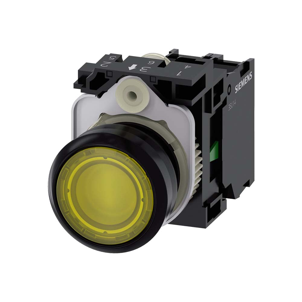PULSADOR LUMINOSO 22 MM REDONDO PLÁSTICO AMARILLO BOTÓN RASANTE MOMENTÁNEO CON SOPORTE 1 NA MÓDULO DE LED CON LED INTGR. 110 V AC 3SU11030AB301BA0 ANTECESOR 3SB32510AA31