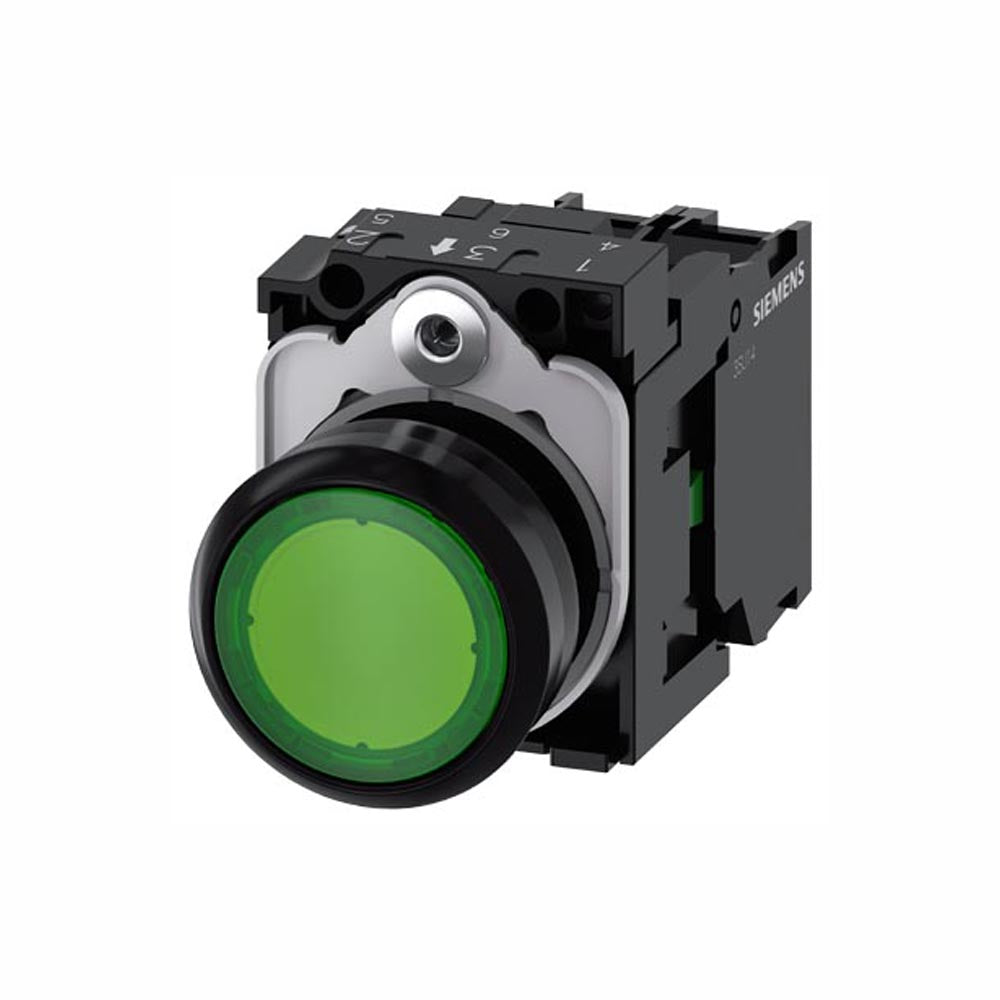 PULSADOR LUMINOSO 22 MM REDONDO PLÁSTICO VERDE BOTÓN RASANTE MOMENTÁNEO CON SOPORTE 1 NA MÓDULO DE LED CON LED INTGR. 110 V AC 3SU11030AB401BA0 ANTECESOR 3SB32510AA41