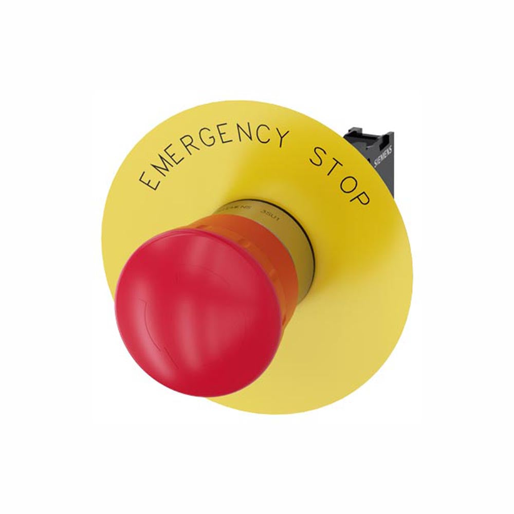 PULSADOR DE SETA DE PARADA DE EMERGENCIA 22 MM REDONDO METAL BRILLANTE ROJO 40 MM DESENCLAVAMIENTO POR GIRO CON PLACA DE FONDO AMARILLA INSCRIPCIÓN: PARADA DE EMERGENCIA CON SOPORTE 1 NC