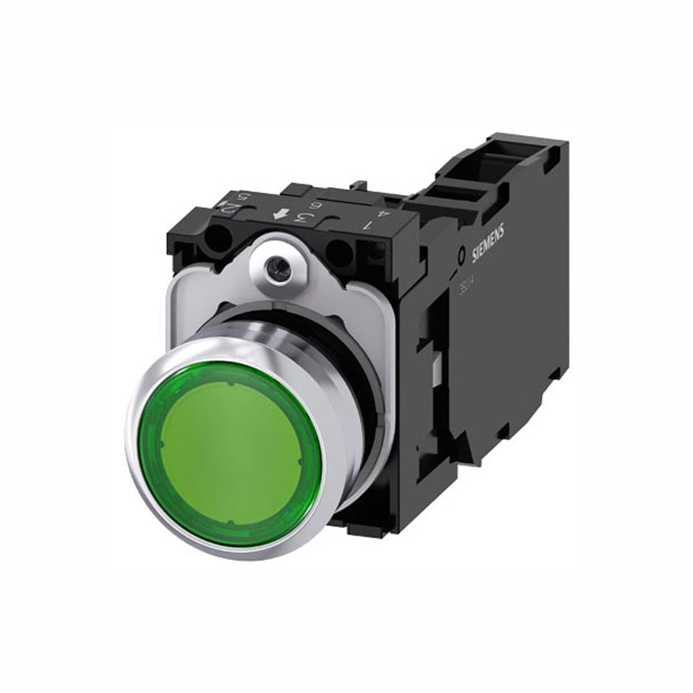 BOTON PULSADOR VERDE ILUMINADO 24VCD/CA 1NA+1NC+LED 3SB36470AA41