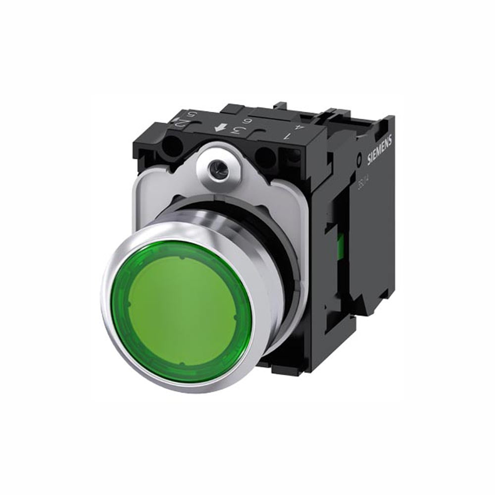 PULSADOR LUMINOSO 22 MM REDONDO METAL BRILLANTE VERDE BOTÓN RASANTE MOMENTÁNEO CON SOPORTE 1 NA MÓDULO DE LED CON LED INTGR. 24 V AC/DC 3SU11520AB401BA0 ANTECESOR 3SB36470AA41