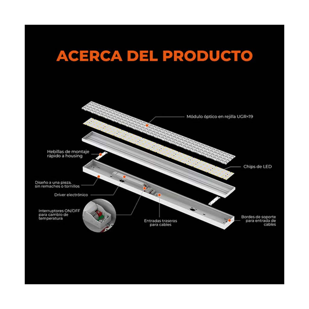 LAMPARA LINEAL LED INTERCONECTABLE 1.20 M 2 EN 1 40 W LUZ BLANCA AJUSTABLE UGR<19 NO ATENUABLE LED INTEGRADO 40LFCLED1285MVCCB