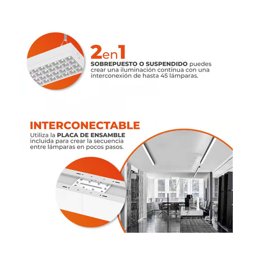 LAMPARA LINEAL LED INTERCONECTABLE 1.20 M 2 EN 1 40 W LUZ BLANCA AJUSTABLE UGR<19 NO ATENUABLE LED INTEGRADO 40LFCLED1285MVCCB