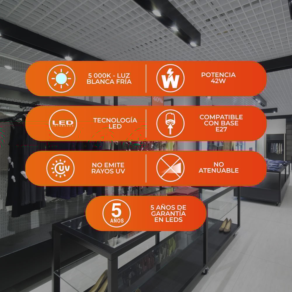 LAMPARA DE FILAMENTO LED 42W 120-277V CRI80 7500LM 5000K 25000HR IP65 BASE E27