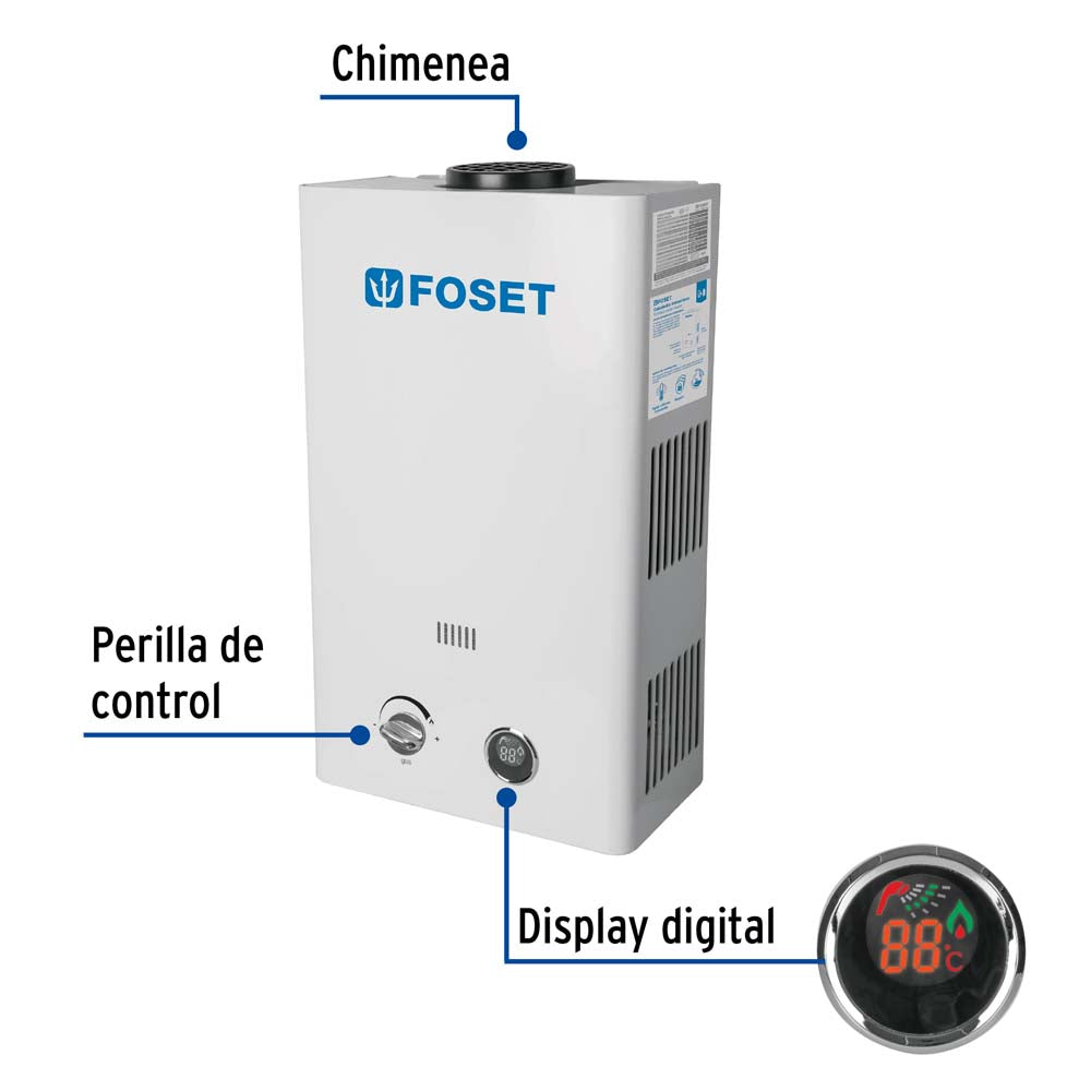 CALENTADOR PASO INSTANTANEO 11L/MIN GAS LP 1 1/2 SERV. 43050 CALE-11I FOSET