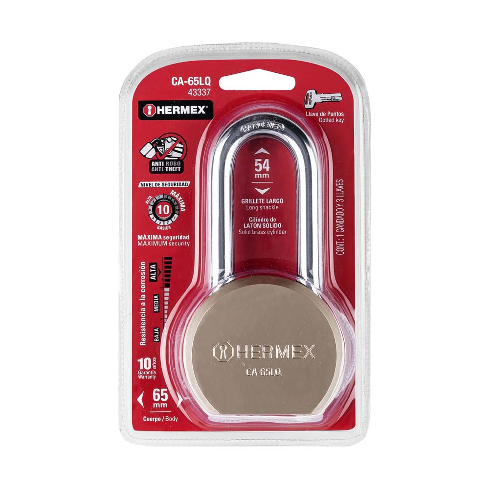 CANDADO REDONDO 65MM GANCHO LARGO LLAVE DE PUNTOS BLISTER MCA TRUPER