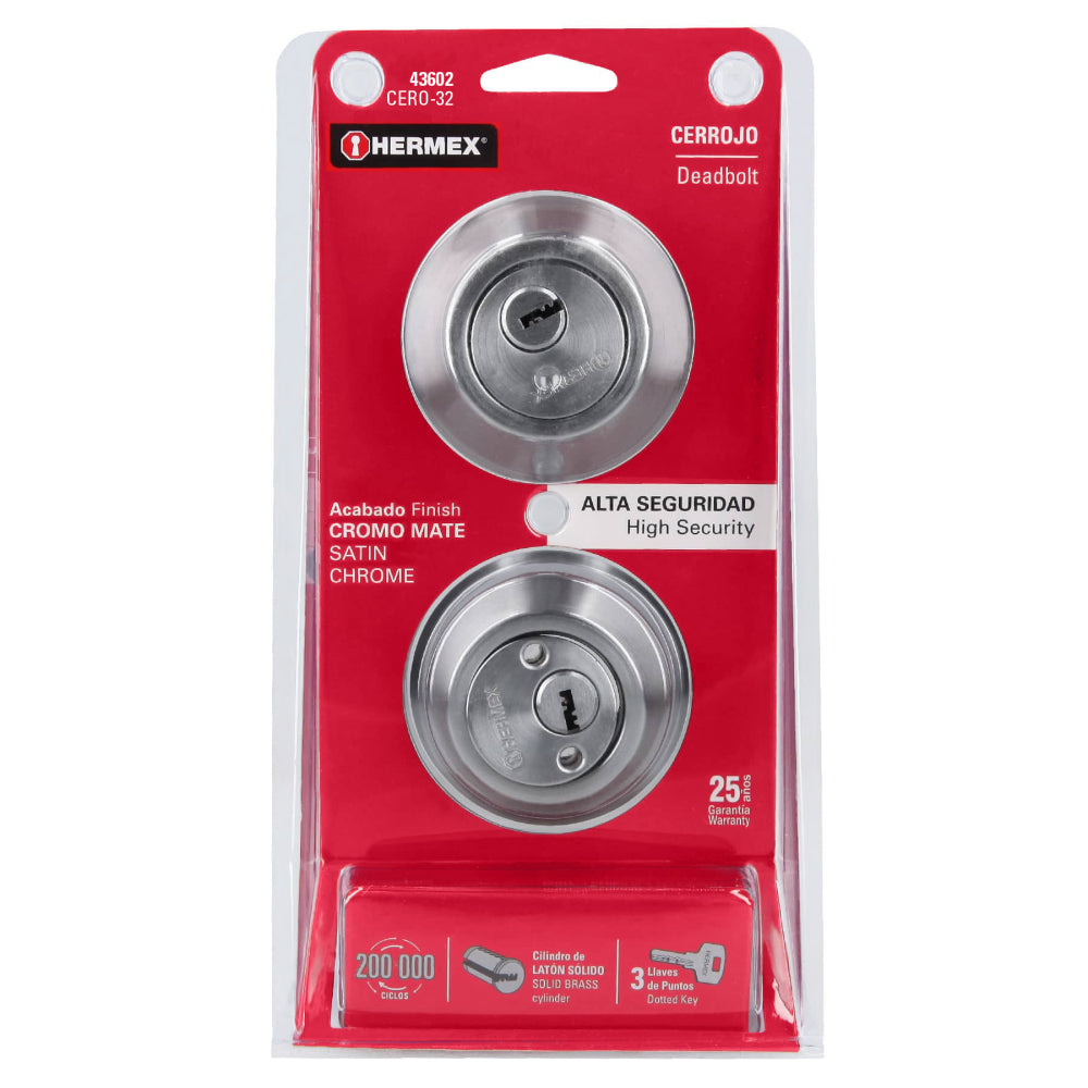 CERROJO CROMO MATE DOBLE CILINDRO MCA TRUPER HERMEX *** SIMILAR 43597 ***