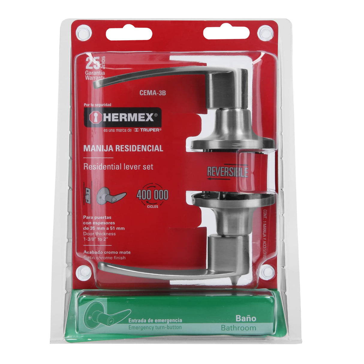 CERRADURA MANIJA CILINDRO LATON CROMO MATE BAÑO MCA TRUPER HERMEX