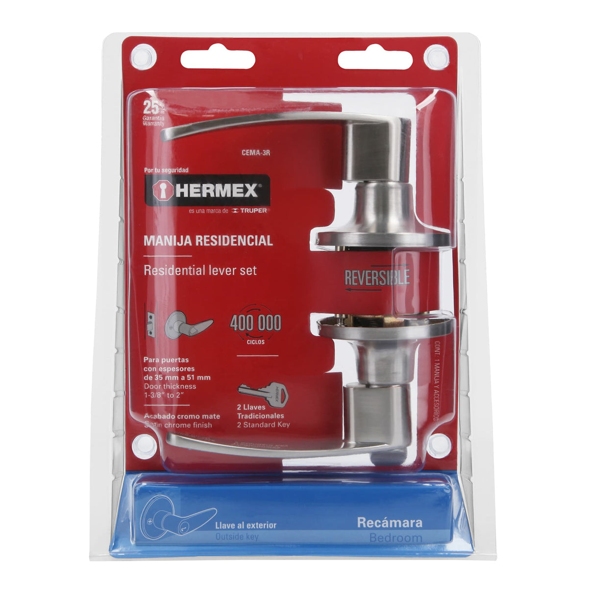 CERRADURA MANIJA CILINDRO LATON CROMO MATE RECAMARA MCA TRUPER HERMEX