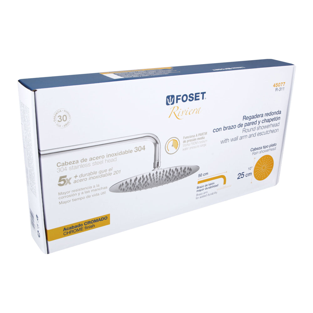 REGADERA REDONDA ACERO INOXIDABLE 10" CROMADA FOSET RIVIERA
