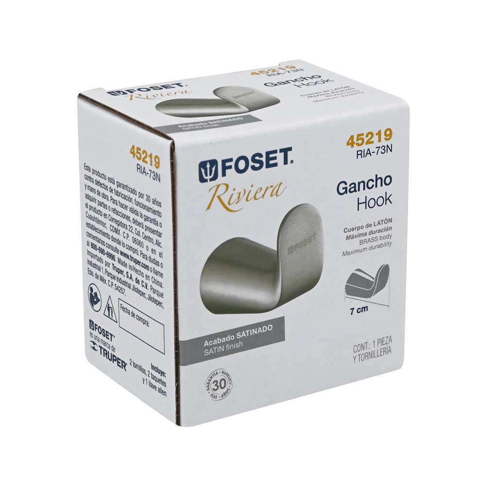 GANCHO SENCILLO SATINADO PARA TOALLA FOSET RIVIERA