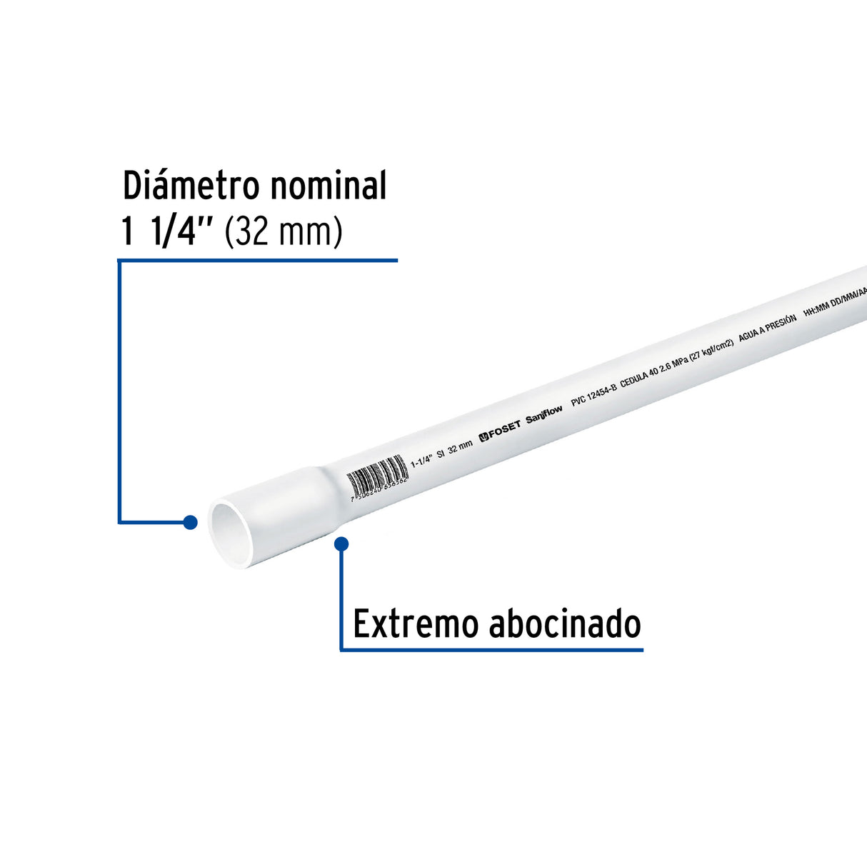 TUBO DE PVC HIDRAULICO CEDULA 40 1-1/4" TRAMO 3M FOSET