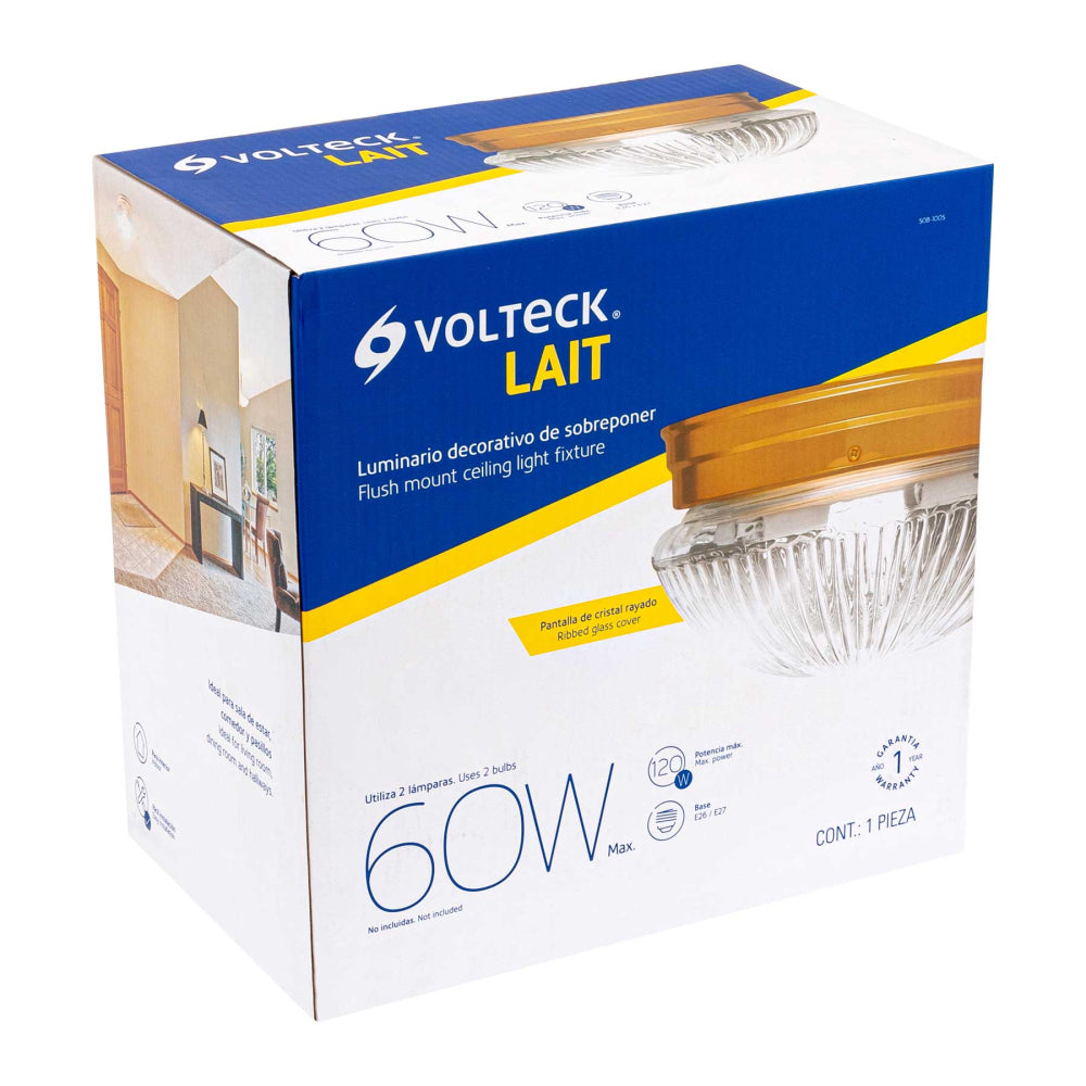 LUMINARIO DECORATIVO SOBREPONER 120W/127V. PANTALLA CRISTAL ACERO LATONADO SOB-100S 46627 TRUPER