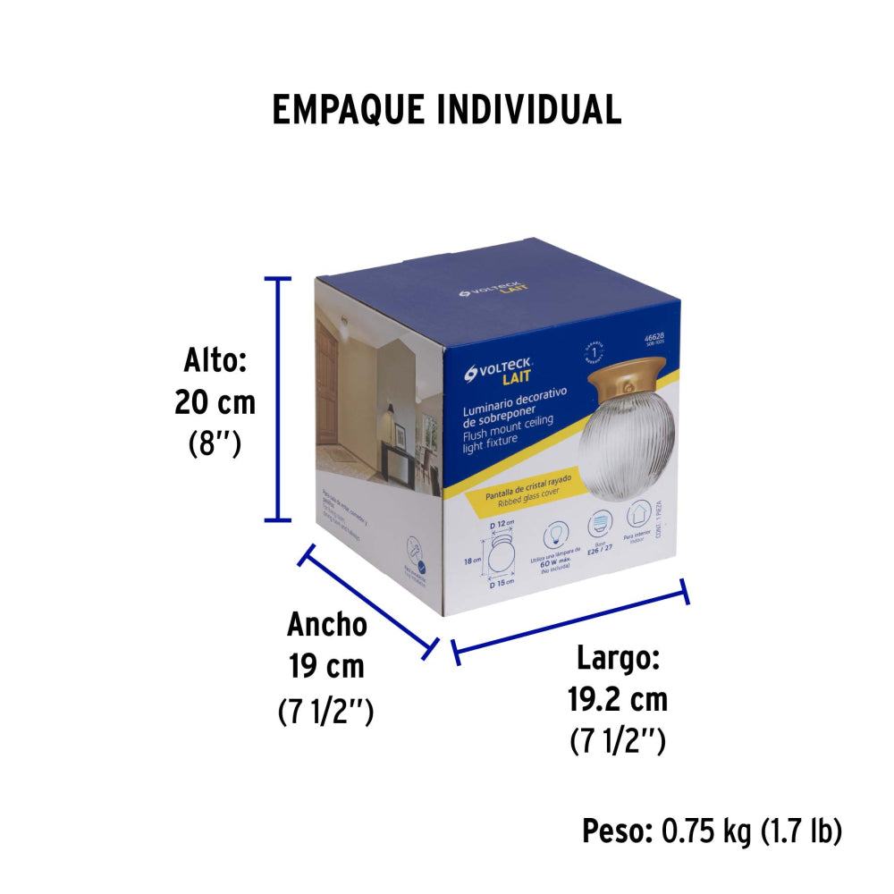 LUMINARIO DECORATIVO SOBREPONER 60W/127V. PANTALLA CRISTAL ACERO LATONADO SOB-102S 46628 TRUPER