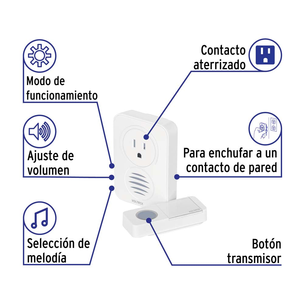 TIMBRE INALAMBRICO CON RECEPTOR 15A/127V. PARA ENCHUFAR 1 TONO 1 CONTROL 100MTS. 62-78DB TIMI-100C 46631 TRUPER