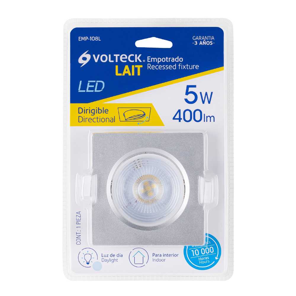 LUMINARIO CUADRADO EMPOTRABLE 5W/120-240V. LED SPOT DIRIGIBLE CROMO MATE EMP-108L 46949 TRUPER