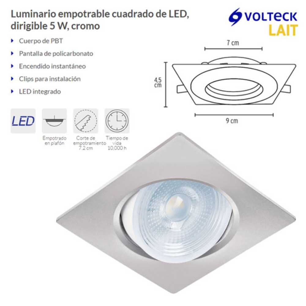 LUMINARIO CUADRADO EMPOTRABLE 5W/120-240V. LED SPOT DIRIGIBLE CROMO MATE EMP-108L 46949 TRUPER