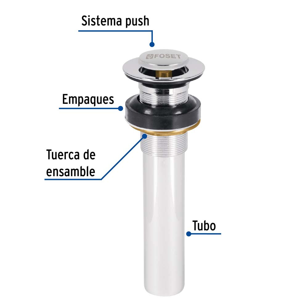 CONTRA P/LAVABO SIN REBOSADERO SISTEMA PUSH CROMO 1-1/4" MCA TRUPER FOSET