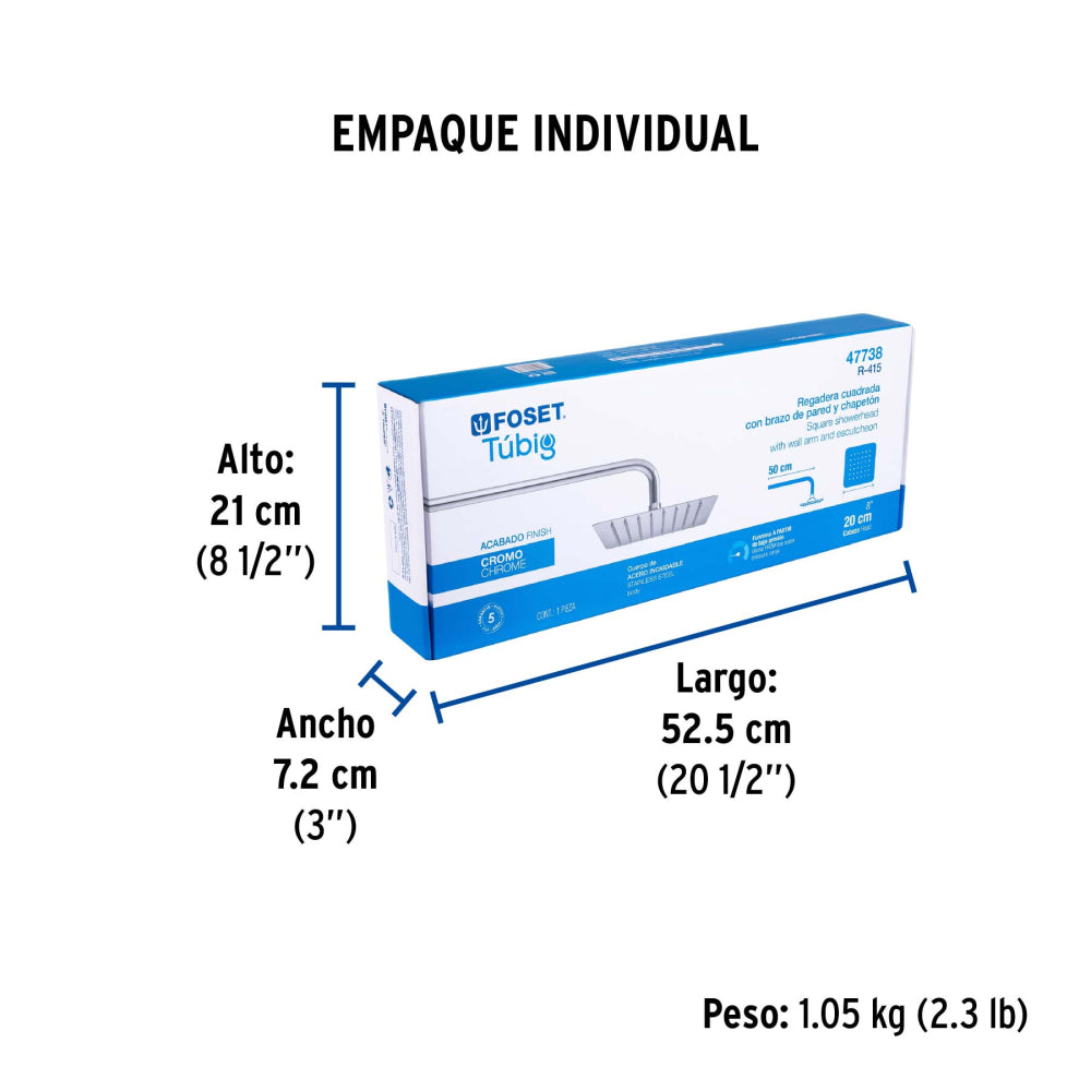 REGADERA CUADRADA 8" ACERO INOX CON BRAZO CROMO FOSET TUBIG