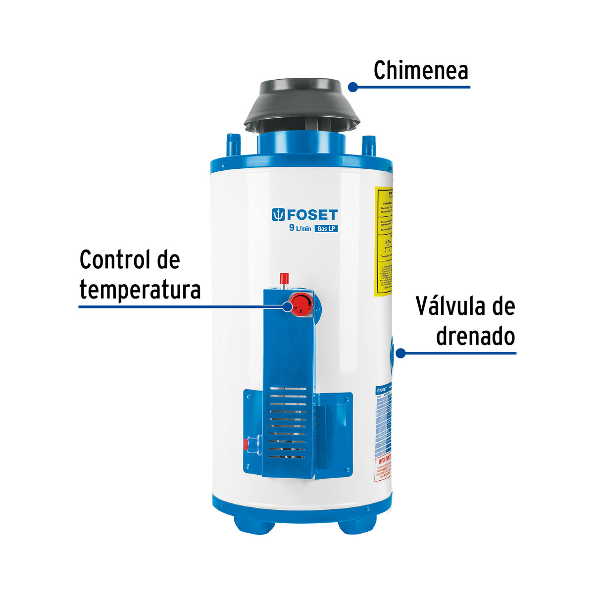 CALENTADOR DE PASO RAPIDA RECUPERACIÓN 9L/MIN 2 SERVICIOS GAS L.P. CALE-9PA FOSET