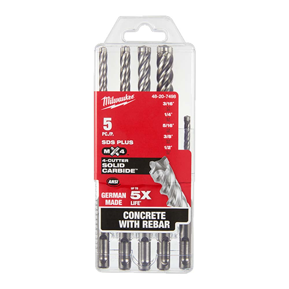 JUEGO DE 5 BROCAS PARA CONCRETO Y ACERO (SOLO VARILLA) C/PUNTA DE CARBURO: BROCA DE 3/16" X 4" BROCA DE 1/4" X 6" BROCA DE 5/16" X 6" BROCA DE 3/8 X6" BROCA DE 1/2" X 6" MILWAUKEE