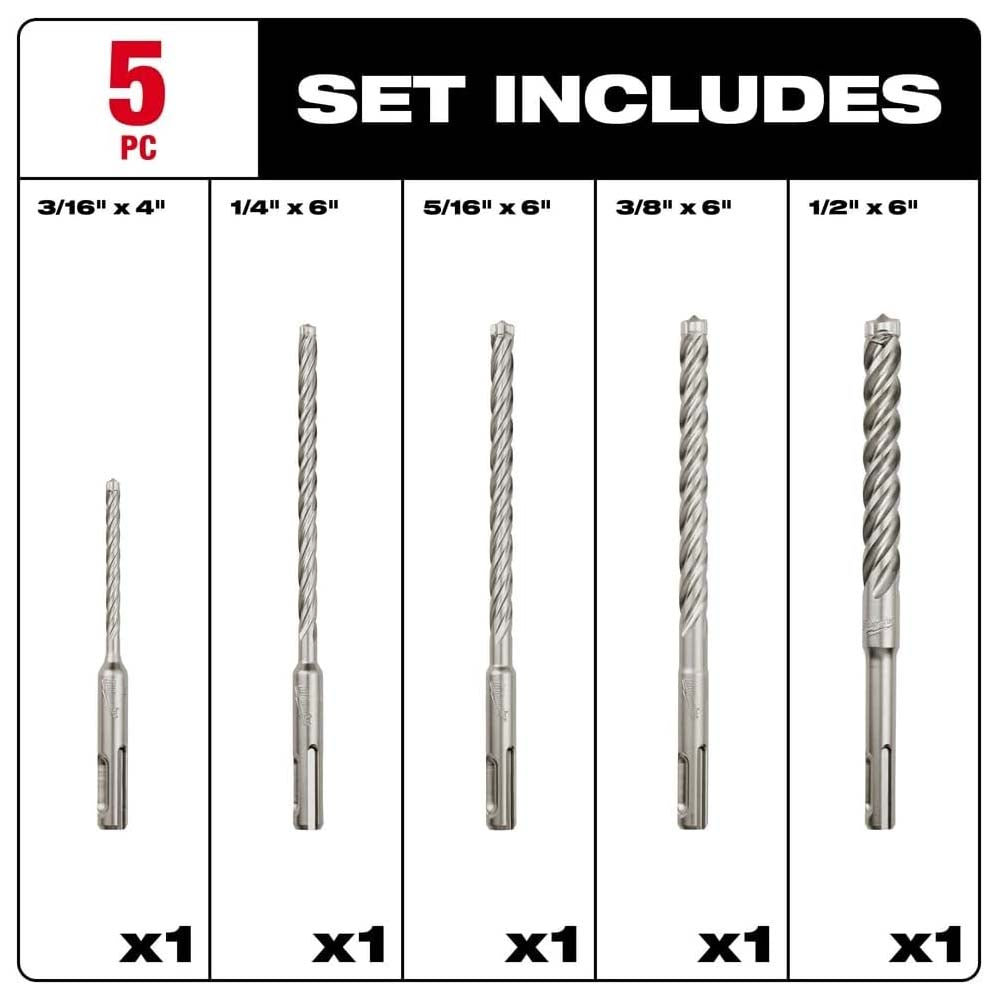 JUEGO DE 5 BROCAS PARA CONCRETO Y ACERO (SOLO VARILLA) C/PUNTA DE CARBURO: BROCA DE 3/16" X 4" BROCA DE 1/4" X 6" BROCA DE 5/16" X 6" BROCA DE 3/8 X6" BROCA DE 1/2" X 6" MILWAUKEE