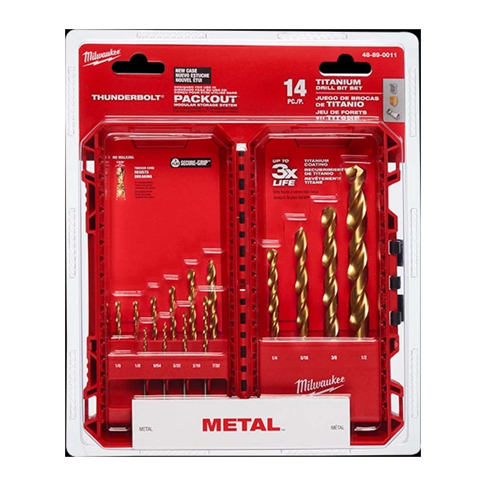 JUEGO DE 14 BROCAS PARA METAL MADERA Y PVC THUNDERBOLT ACABADO TITANIO: BROCAS 9/64" 7/64" 7/32" 5/64" 5/32" 5/16" 3/8" 3/32" 3/16"1/8" 1/4"1/2" Y 1/16" MILWAUKEE
