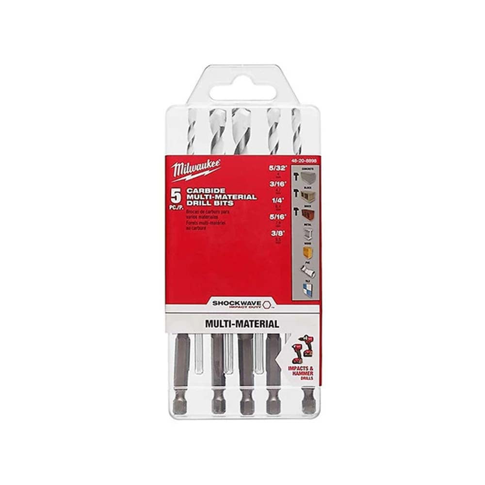 JUEGO DE BROCAS PARA MATERIALES MULTIPLES CONCRETO ACERO ALUMINIO AZULEJOS DE CERAMICA PANLES DE YESO MADERA Y PVC DE CARBURO SHOCKWAV **5 PIEZAS** MILWAUKEE