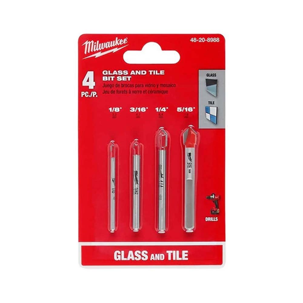 JUEGO DE BROCAS PARA VIDRIO Y AZULEJOS **4 PIEZAS** INCLUYE BROCA 1/8" BROCA 3/16" BROCA 1/4" BROCA 5/16" MILWAUKEE