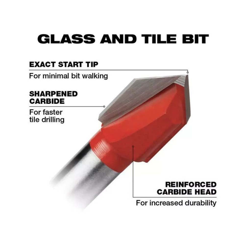 JUEGO DE BROCAS PARA VIDRIO Y AZULEJOS **4 PIEZAS** INCLUYE BROCA 1/8" BROCA 3/16" BROCA 1/4" BROCA 5/16" MILWAUKEE