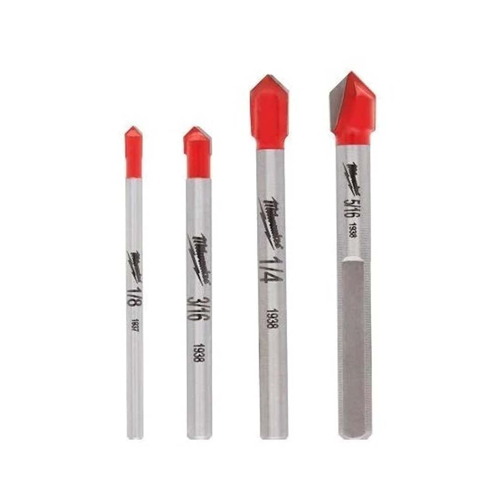JUEGO DE BROCAS PARA VIDRIO Y AZULEJOS **4 PIEZAS** INCLUYE BROCA 1/8" BROCA 3/16" BROCA 1/4" BROCA 5/16" MILWAUKEE