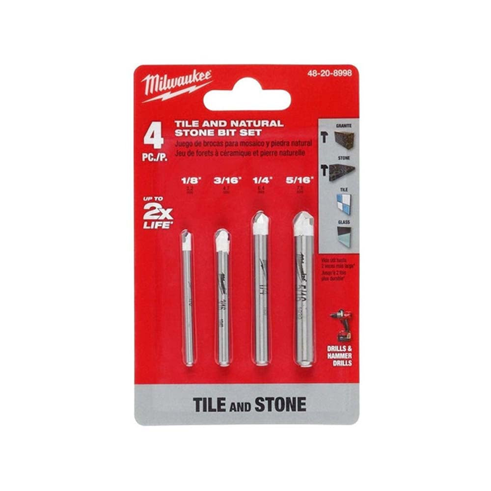 JUEGO DE BROCAS PARA PIEDRA NATURAL **4 PIEZAS** INCLUYE BROCA 1/8" BROCA 3/16" BROCA 1/4" BROCA 5/16" MILWAUKEE