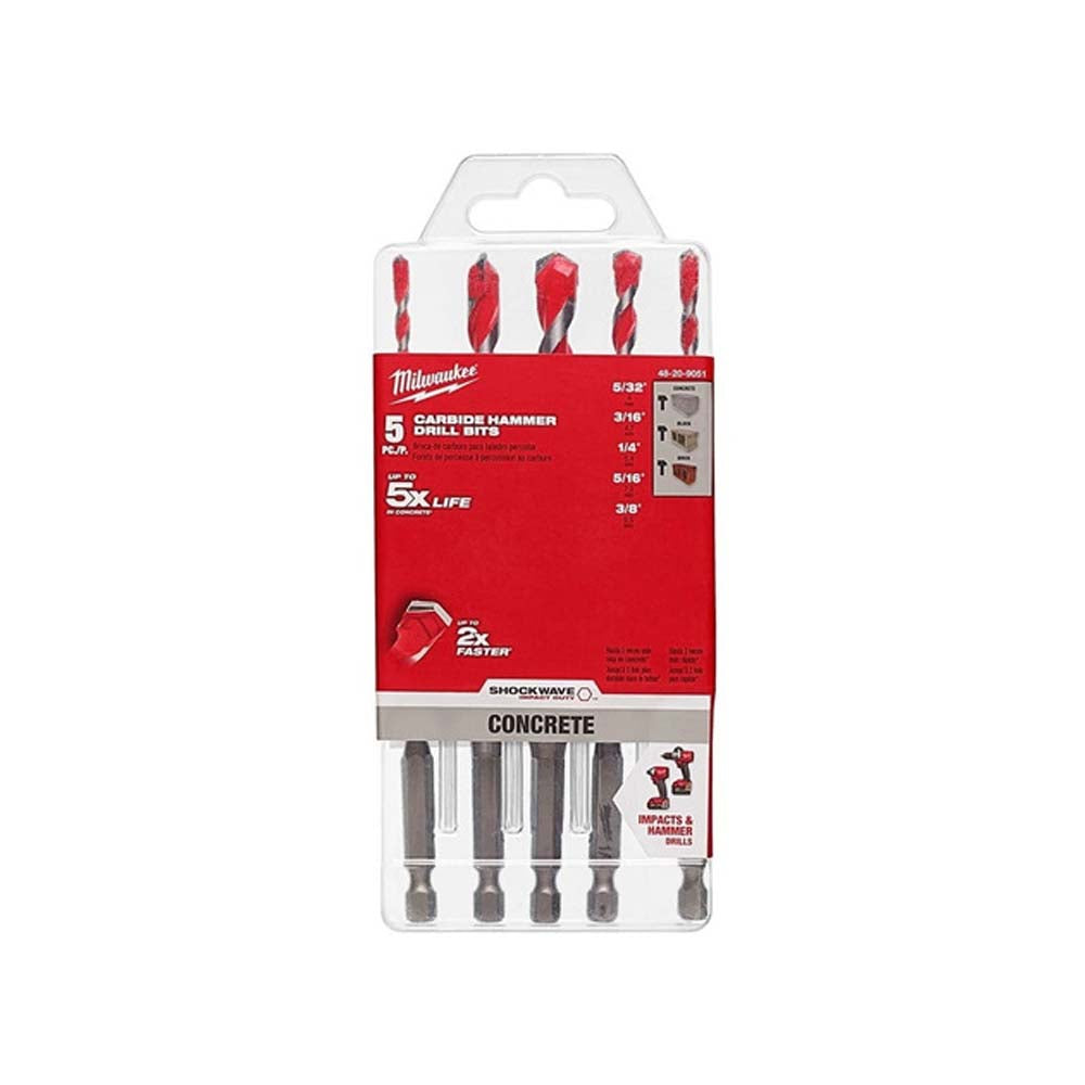 JUEGO DE BROCAS PARA CONCRETO CON PUNTA DE CARBURO **5 PIEZAS** INCLUYE BROCA 5/32"X 6" BROCA 3/16"X 6" BROCA 1/4"X 6" BROCA 5/16"X 6" BROCA 3/8"X 6" MILWAUKEE