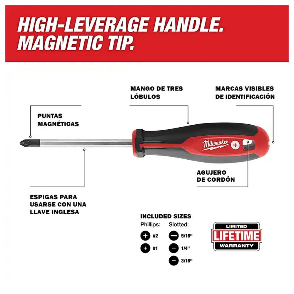 KIT DE 6 DESTORNILLADORES CON ASA COMODA CON TRES LOBULOS: PHILLIPS #2 X 3" PHILLIPS #2 X 4" PHILLIPS #2 X 6" RANURADO DE 1/4" X 4" RANURADO DE 3/16" x 6" RANURADOR 5/16" X 6" MILWAUKEE